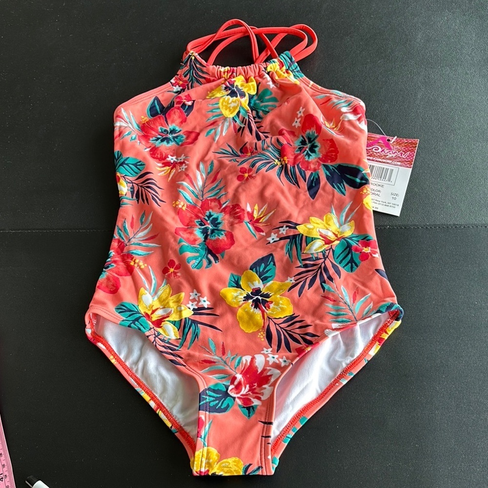 Kanu Surf UPF 50+ Brooke Halter criss cross strappy back,tropical floral swim